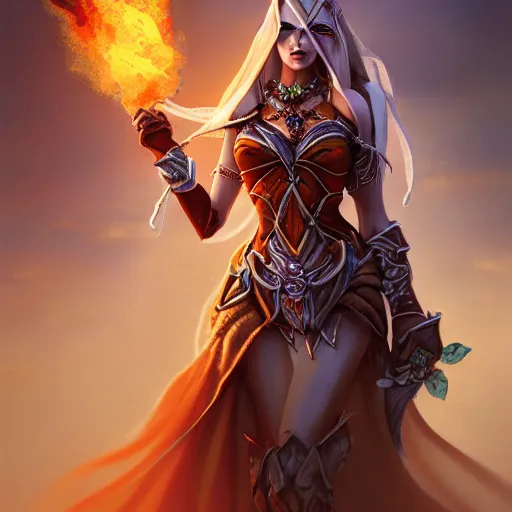 Image similar to hyperrealist portrait of sylvanas windrunner wearing a wedding dress and holding a bouquet of flowers in a burning landscape. by bayard wu, fantasy art, photo realistic, dynamic lighting, trending on artstation, poster, volumetric lighting, very detailed faces, 4 k, award winning