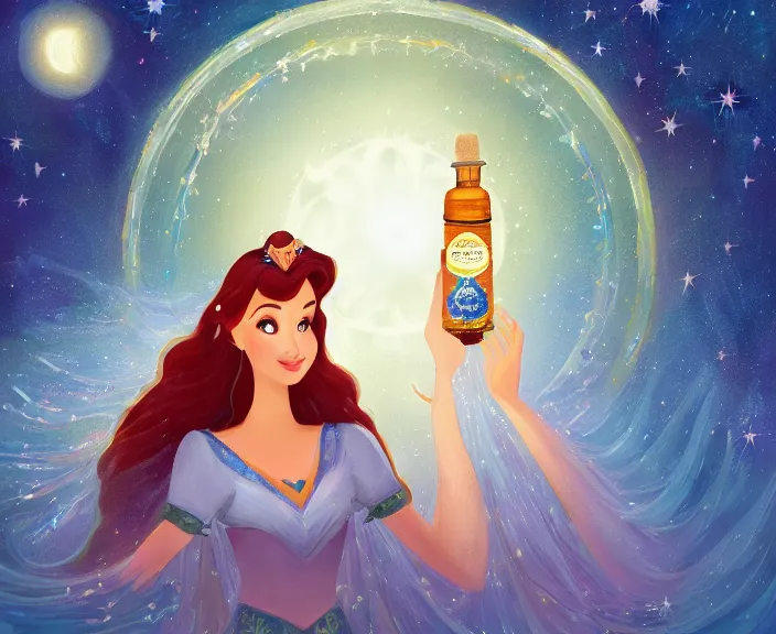 Image similar to an illustration of the spiritual goddess of essential oils, with starry dusted light and a moon, small bottles of oil, in the style of a disney princess, high contrast, highly detailed, sharp focus, digital painting, illustration, trending on artstation,