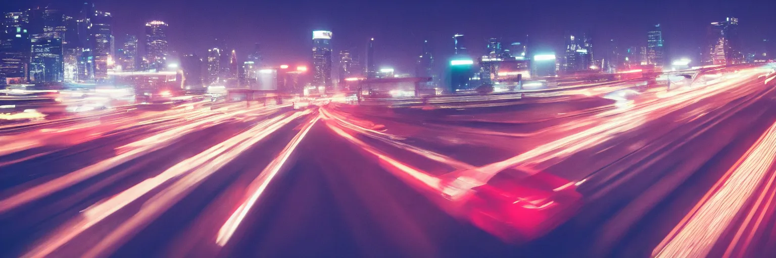 Image similar to 8 0 s neon movie still, high speed car chase on the highway with city in background, slow shutter speed, medium format color photography, 8 k resolution, movie directed by kar wai wong, hyperrealistic, photorealistic, high definition, highly detailed, tehnicolor, anamorphic lens