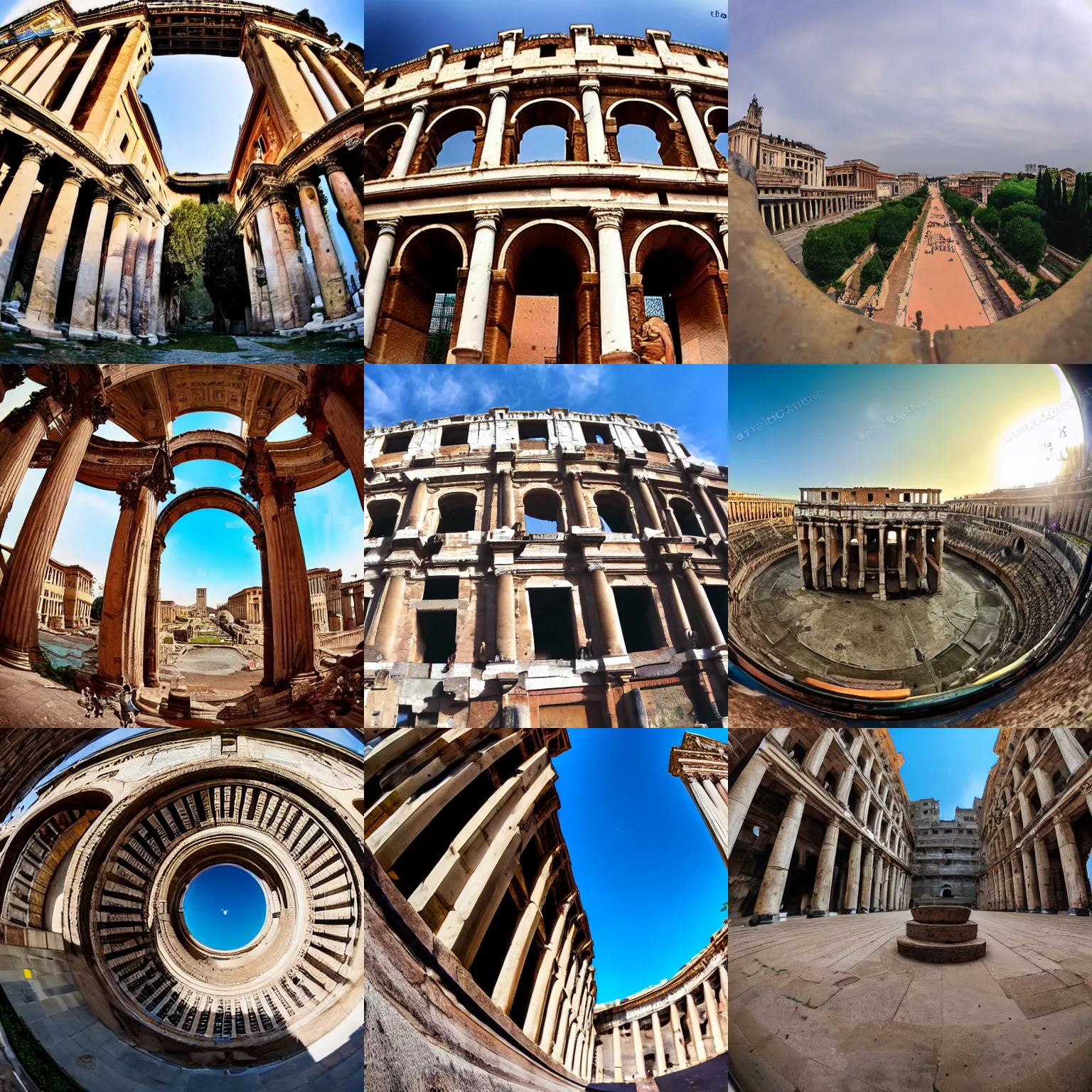 Prompt: fish eye look of ancient rome, gopro, professional photography