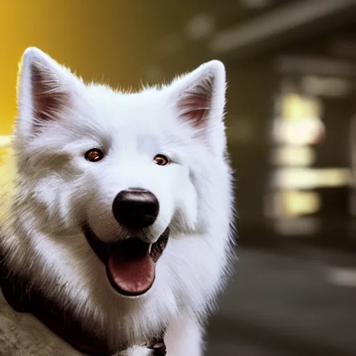 Prompt: Portrait of a happy samoyed in DOOM, splash art, movie still, cinematic lighting, dramatic, octane render, long lens, shallow depth of field, bokeh, anamorphic lens flare, 8k, hyper detailed, 35mm film grain