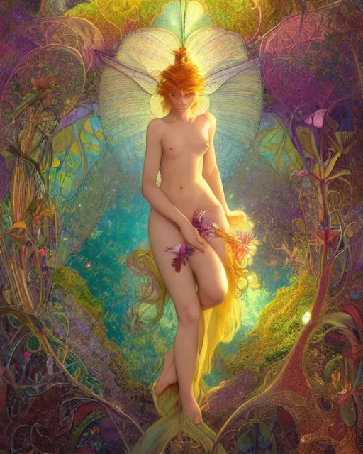 Prompt: a beautiful fairy in a morning dreamland, coherent design, symmetrical, vivid color, complementary color, golden ratio, detailed, sharp lines, intricate, rainbowshift, by james gurney, by brian froud, by peter mohrbacher, by alphonse mucha, by maxfield parrish, by karol bak, waterhouse, deviantart, octane render