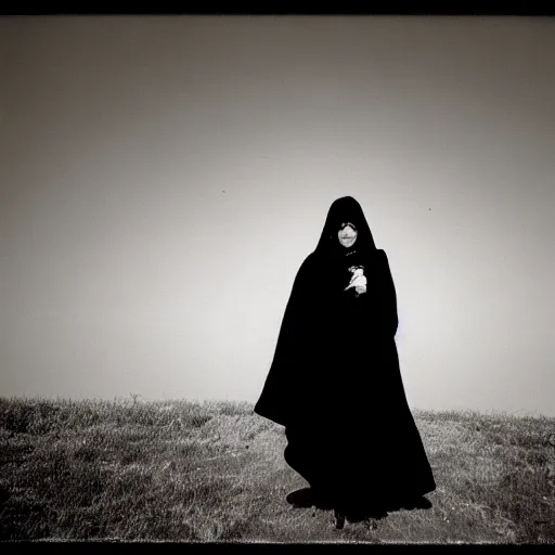 Prompt: A woman with a black cloak is riding a dark horse from distance, Kodak TRI-X 400, dark mood, melancholic