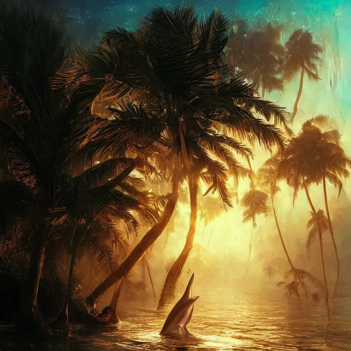 Image similar to dolphins swimming, golden hour, god rays, dreamscape by artgerm and ruan jia and ismail inceoglu and greg olsen, cosmos, milky way galaxy, masterpiece, beautiful, intricate, elegant, highly detailed, palm trees