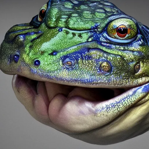 Image similar to hyperrealistic mixed media image of bullfrog with face info wars alex jones, stunning 3 d render inspired art by xiang duan and thomas eakes, perfect facial symmetry, hyper realistic texture, realistic, highly detailed attributes and atmosphere, dim volumetric cinematic lighting, 8 k octane detailed render, post - processing, masterpiece,