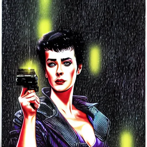 Prompt: Sean Young Rachael from blade runner colored digital illustration by Mark Brooks