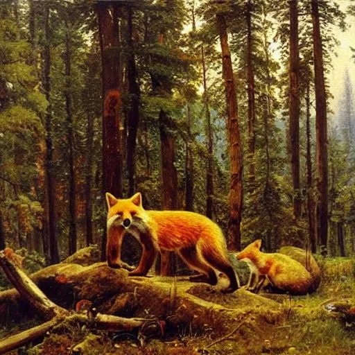 Image similar to shishkin's painting, morning in a pine forest. but instead of bears there are foxes. the picture is over - detailed. canvas, oil. what is a masterpiece.