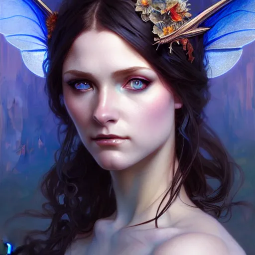 Image similar to Portrait of fairy woman, D&D, blue eyes, face, fantasy, intricate, elegant, highly detailed, digital painting, artstation, concept art, smooth, sharp focus, illustration, art by artgerm and greg rutkowski and alphonse mucha