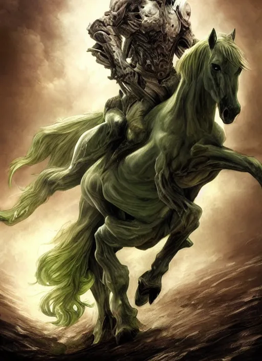 Prompt: the singular horseman of the apocalypse is riding a strong fierce ferocious undead green stallion, horse is up on its hind legs, the strong male rider is death with a scithe, beautiful artwork by artgerm and rutkowski, breathtaking, beautifully lit, dramatic