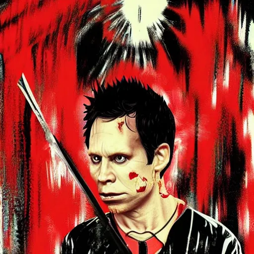 Image similar to dennis reynolds slasher movie poster black and red blood and knife horror film high detail angy expression