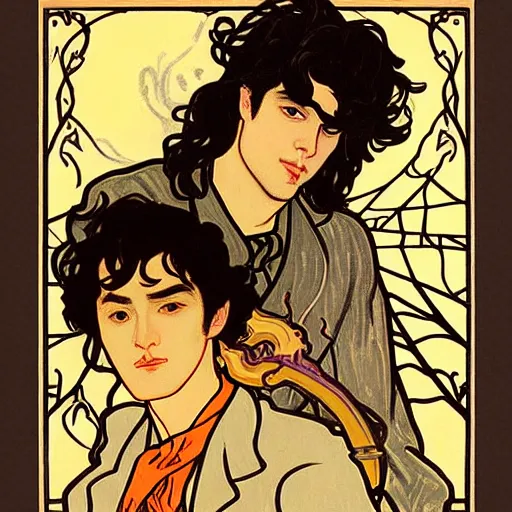 Prompt: painting of young cute handsome beautiful dark medium wavy hair man in his 2 0 s named shadow taehyung and cute handsome beautiful min - jun together at the halloween witchcraft party with bubbling cauldron, melancholy, autumn colors, elegant, ritual, stylized, gorgeous eyes, soft facial features, delicate facial features, art by alphonse mucha, vincent van gogh, egon schiele