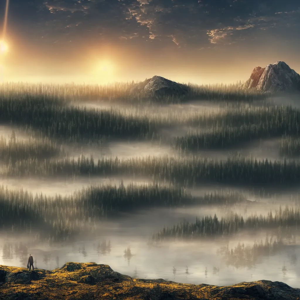 Prompt: epic taiga with a lake, golden hour, misty ground, rocky ground, distant mountains, atmospheric perspective, altostratus clouds, planets, cinematic, 3 5 mm lens, anamorphic lens flare, photographic, octane render, cinematography by roger deakins, in the style of ansel adams