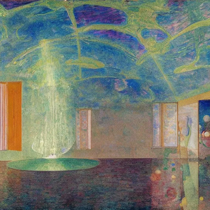 Prompt: interior of a house flooded. aurora borealis. iridescent, psychedelic colors. painting by balthus, piero della francesca, agnes pelton, utamaro, monet