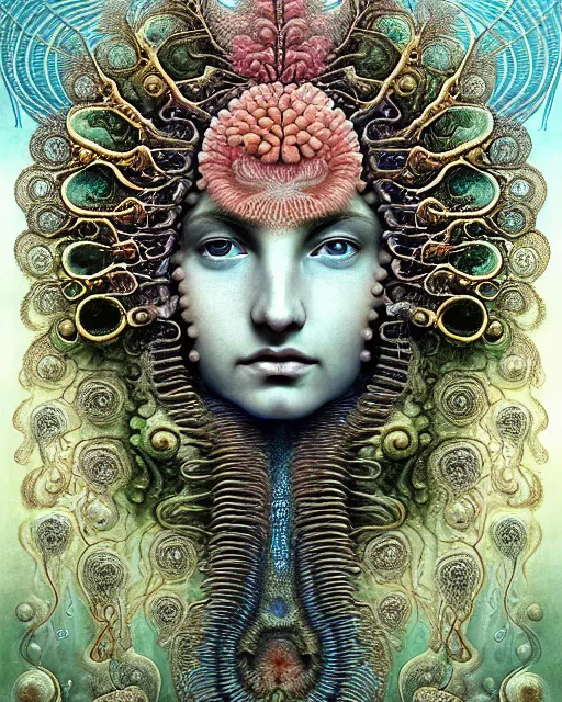 Prompt: realistic detailed underwater face portrait of the beutiful young goddess of the fractal waters with an intricate headdress of corals, sea kelp, sea plants, fish, jellyfish, art by ernst haeckel, zdzisław beksinski, h. r. giger, hieronymus bosch, gothic, neo - gothic, ornamental, beautiful deep colours,