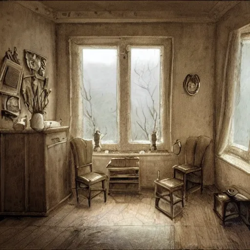 Image similar to An interior of room, in style of Keith Thompson