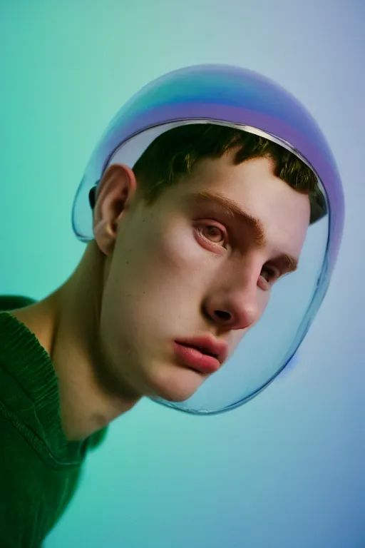 Prompt: high quality pastel coloured film mid angle portrait photograph of a beautiful young 2 0 year old male, soft features, short hair, perspex space visor and oversized inflated clothing!!!! icelandic black! rock pool environment. atmospheric three point light. photographic. art directed. ( pastel colours ). volumetric. clearcoat. waves. 8 k. filmic.