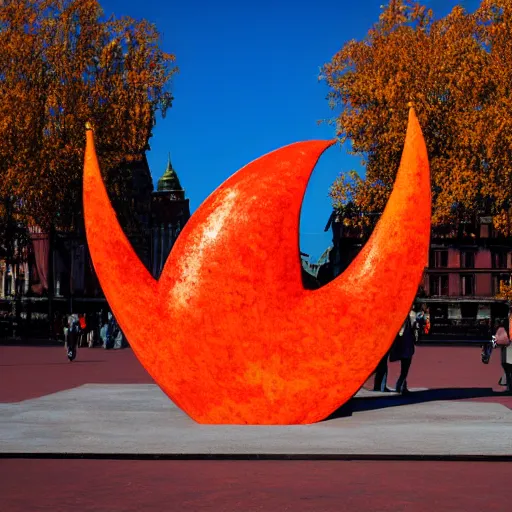 Image similar to symmetrical photo of giant mango sculpture on red square, super wide shot, bokeh, golden hour