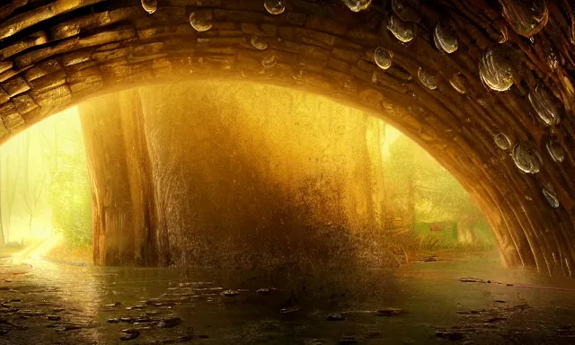 Image similar to beautiful picture of a magical vertical cylindrical tunnel made of big upside-down raindrops joining a dried up river with the sun, highly-detailed, fantastic, dramatic lighting, artstation, 4k