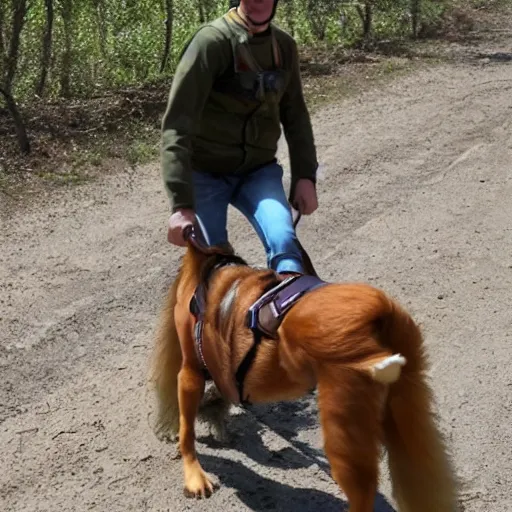 Prompt: a human riding to war on the back of his sheltie dog