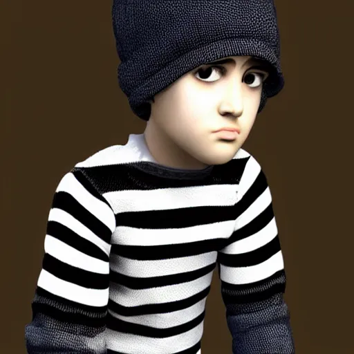 Image similar to a emo boy wearing a striped sweater and hat, a stock photo by tim biskup, featured on zbrush central, figurativism, zbrush, character, made of plastic,