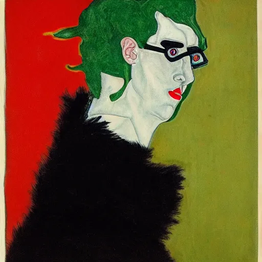 Prompt: a man with a beautiful face with long straight light green hair wearing a cloth designed by mcqueen kissing a vampire black cat, in style of egon schiele