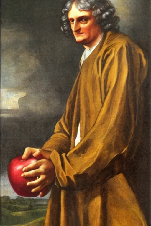 Image similar to isaac newton holding an apple, collage