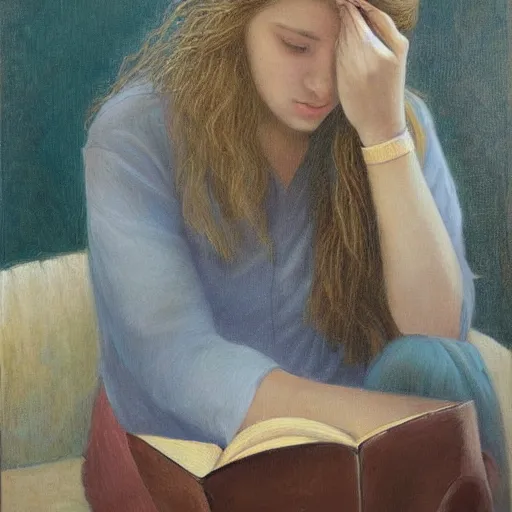 Image similar to a girl reading a book, her hair flowing down, subtle, intricate details, real masterpiece, oil on canvas, by john smith