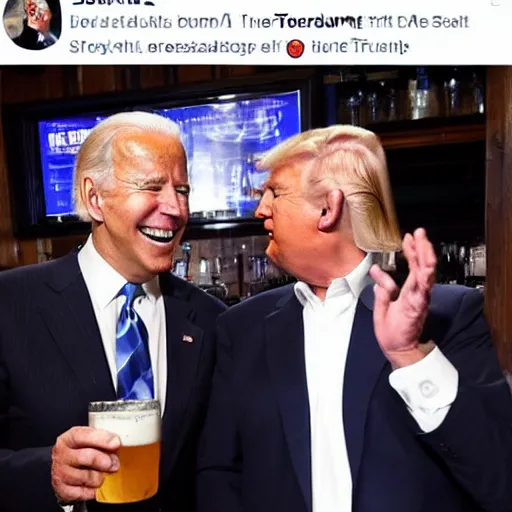 Image similar to joe biden and donald trump getting drunk together at a pub, laughing and joking, at night