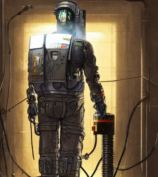 Image similar to realistic cyberpunk japanese engineer with long limbs and a black spacesuit welding a wall, techwear, dead space, visible face, Industrial Scifi, detailed illustration, character portrait, by Martin Grip and Moebius