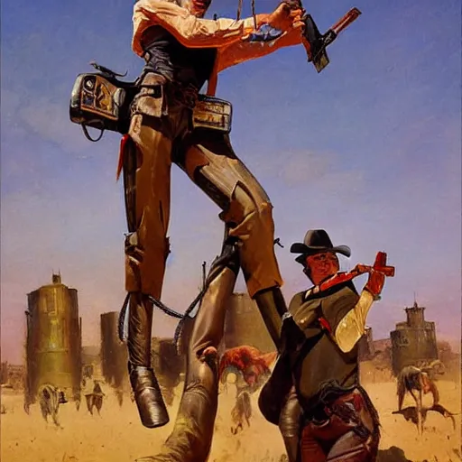 Prompt: cowboys shoot it out with a very tall cyborg in a western town, 1890s, dynamic, by tom lovell and frank schoonover and dean cornwell and phil hale