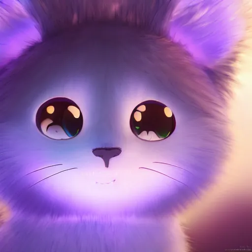 Image similar to ultra-realistic ultra-detailed adorable fluffy bioluminiscent headphones in the style of ghibli kazuo oga, blue and purple fur, big ears, beautiful light big eyes, underwater landscape, DOF, soft lighting, unreal engine render