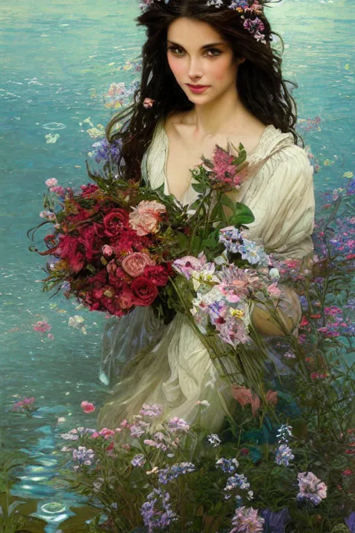 Image similar to portrait of a beautiful mysterious woman holding a bouquet of flowing flowers, hands hidden under the bouquet, lying in a pool of water, fantasy, regal, intricate, by stanley artgerm lau, greg rutkowski, thomas kindkade, alphonse mucha, loish, norman rockwell