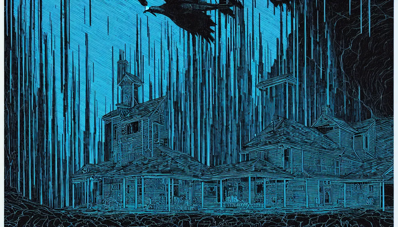 Image similar to blue lit raven lair by dan mumford and peter doig and edward hopper, symmetrical, minimal, black ink, thick lines highly detailed, muted colours 8 k