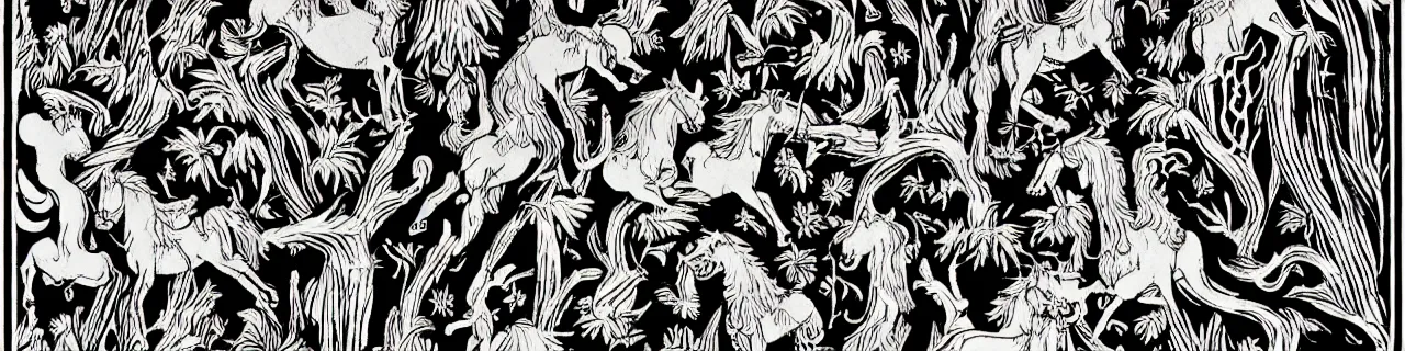 Prompt: Elaborate wallpaper print of A Unicorn in a sacred forest in the style of Albrecht Durer and Martin Schongauer, high contrast finely carved woodcut black and white crisp edges