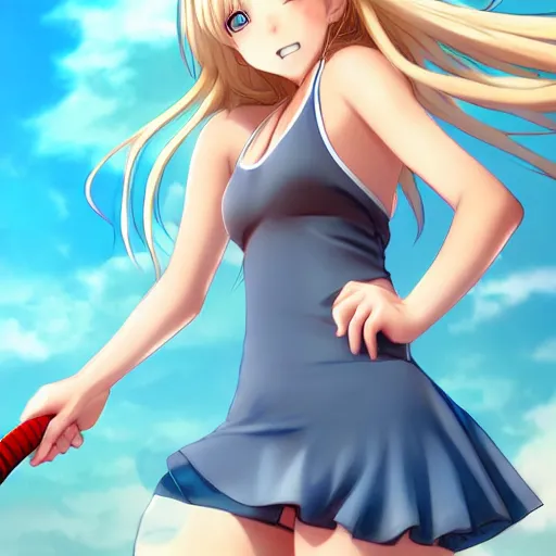 Prompt: a very beautiful young anime tennis girl, full body, long wavy blond hair, sky blue eyes, full round face, short smile, bikini, miniskirt, front view, highly detailed, cinematic wallpaper by stanley artgerm lau
