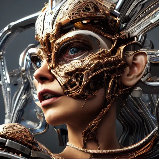 Prompt: beautiful impish biomechanical incredible technological hair, masterpiece crystalline incrustations, hyper - detailed face, elegant pose, movie still, intricate, octane render, cinematic lighting, cgsociety, unreal engine,