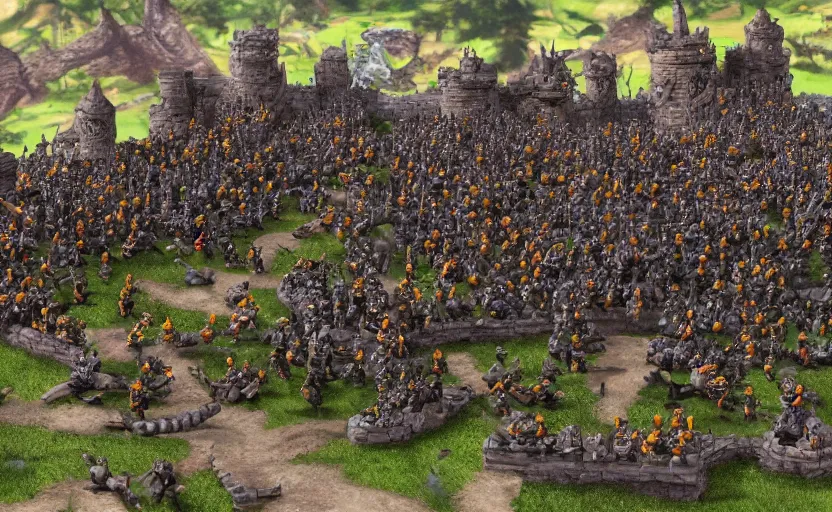Prompt: diorama of minions fighting orcs in the battle of helm's deep, giant castle walls, realistic, 4 k, detailed