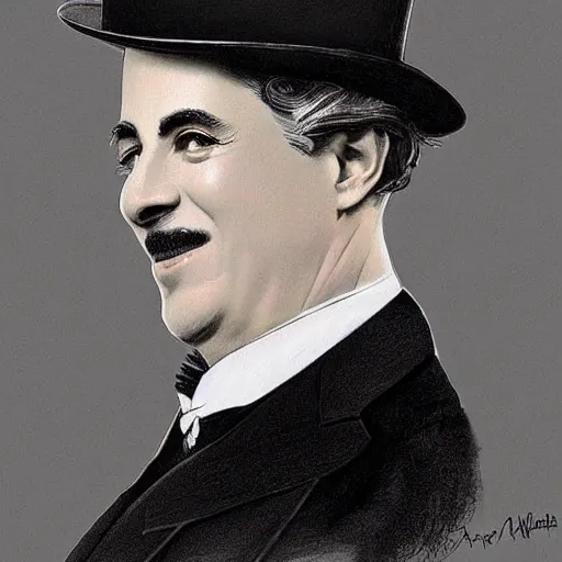 Image similar to charles chaplin wearing a tuxedo, portrait, highly detailed, digital painting, artstation, concept art, sharp focus, illustration, art by artgerm and greg rutkowski and alphonse mucha