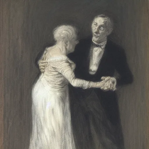 Prompt: old lady dancing with the ghost of a young man alone in a ballroom by alfred stevens in charcoal