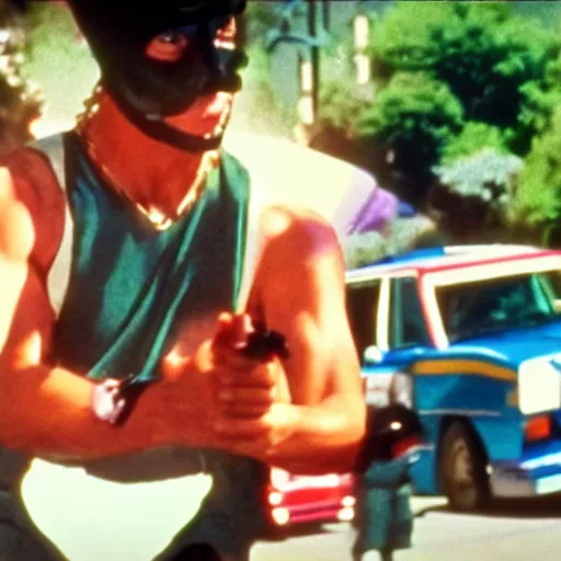 Image similar to Film still of 'Los Angeles Vice Squad' (1990). Kung-fu earth hippie villian. Sigma 85mm f/8