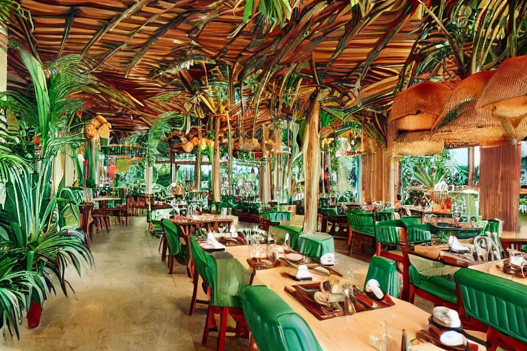 Image similar to 1 9 9 2 rainforest themed diner, tables repeat into the horizon, fruitcore, watermeloncore, one point perspective, americana, restaurant interior photography, 5 5 mm