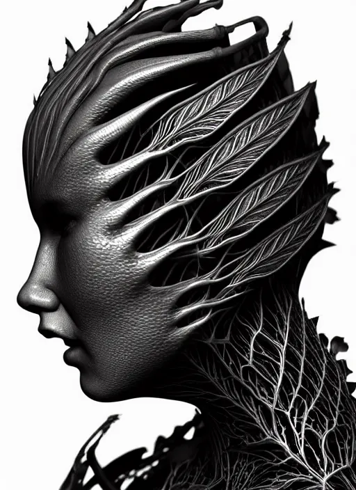 Image similar to bw close - up profile face, black background, beautiful porcelain vegetal dragon cyborg young female, 1 5 0 mm, beautiful natural soft rim light, silver gold details, magnolia leaves and stems, roots, fine lace, mandelbot fractal, elegant, ultra detailed, white metallic armour, octane render, h. r. giger style