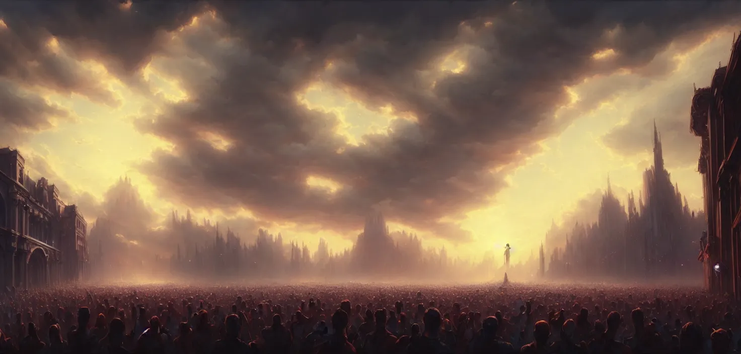 Image similar to painting of a crowd with raised arms pointing toward, cinematic view, epic sky, detailed, concept art, low angle, high detail, warm lighting, volumetric, godrays, vivid, beautiful, trending on artstation, by jordan grimmer, huge scene, art greg rutkowski