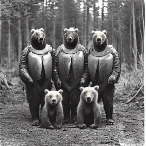 Prompt: “ a group of grizzly bears wearing full samurai armour in the forest, 1 9 0 0 ’ s photo ”