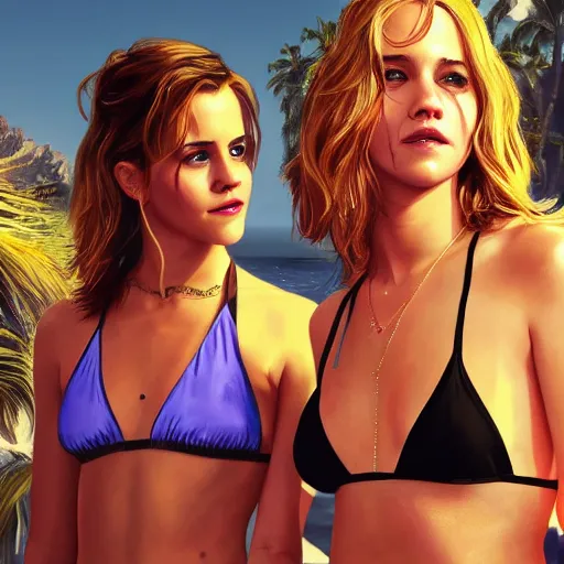 Image similar to highly detailed painting of emma watson and jennifer lawrence wearing a bikini standing close together, gta 5 cover art style, 8 k, radiant light, detailed and intricate environment, trending on artstation