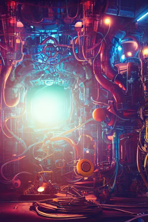 Image similar to portrait of cyberpunk octopus, symmetric, body full glowing vacuum tubes, realistic digital art, 3 d render of two huge futuristic steampunk generators inside a huge steampunk engine, 8 k, fluorescent colors, halluzinogenic, multicolored, exaggerated detailed, unreal engine