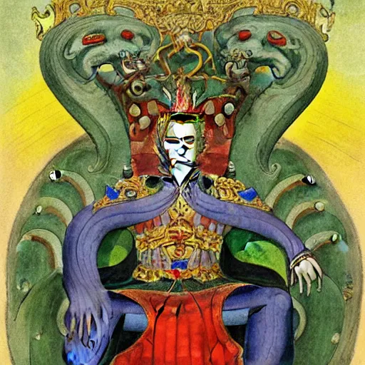 Prompt: painting polychromatic serpent king on a jeweled throne by William Blake