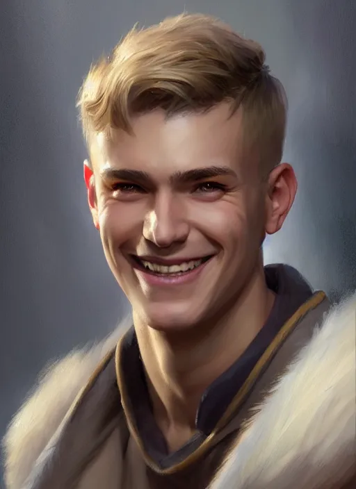 Image similar to a _ fantasy _ style _ portrait _ painting _ of white male short fringe light brown hair short head smiling clean shaven round face rpg dnd oil _ painting _ unreal _ 5 _ daz. _ rpg _ portrait _ extremely _ detailed _ artgerm _ greg _ rutkowski _ greg