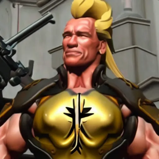 Image similar to a screenshot of arnold schwarzenegger as mercy in overwatch