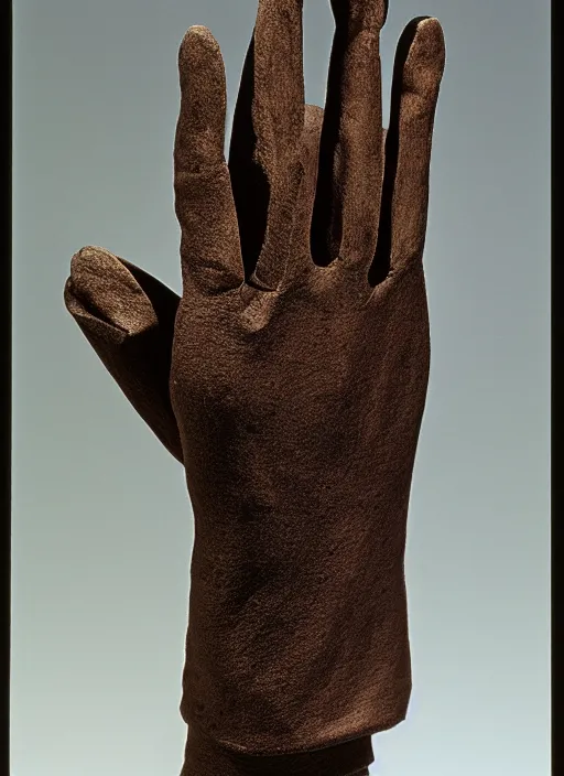 Image similar to realistic photo of a scientific model of an ugly rough complex gloves made of black clay, front view, neutral brown colors 1 9 9 0, life magazine reportage photo, metropolitan museum photo